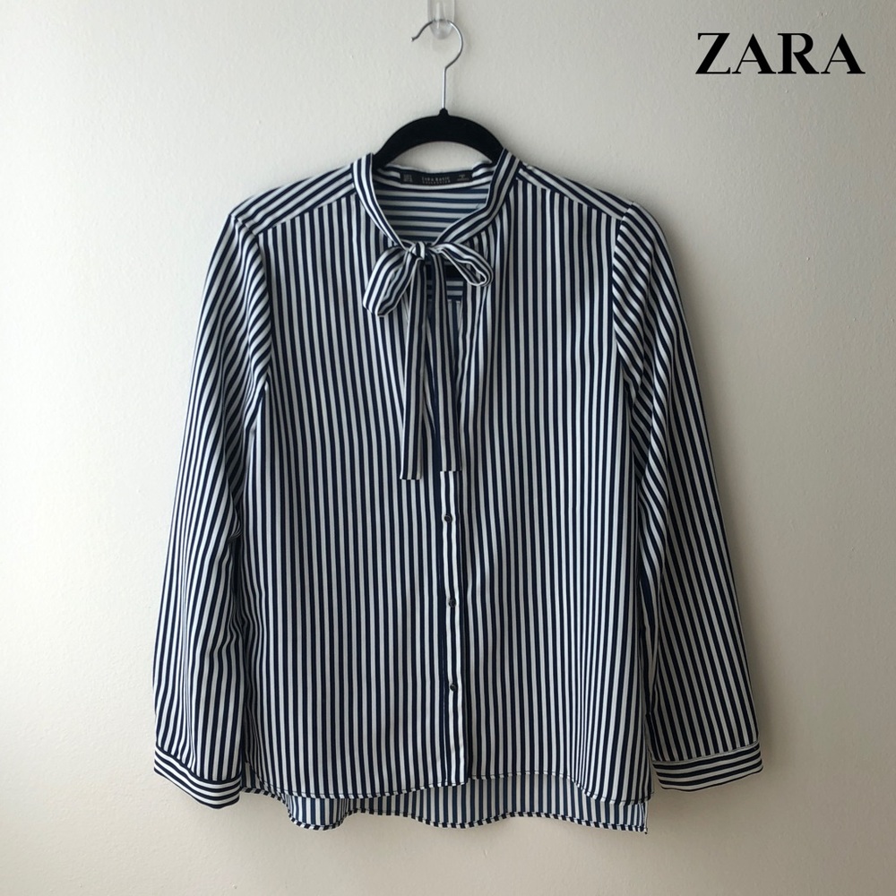 ZARA STRIPED BUTTON DOWN BLOUSE WITH BOW
